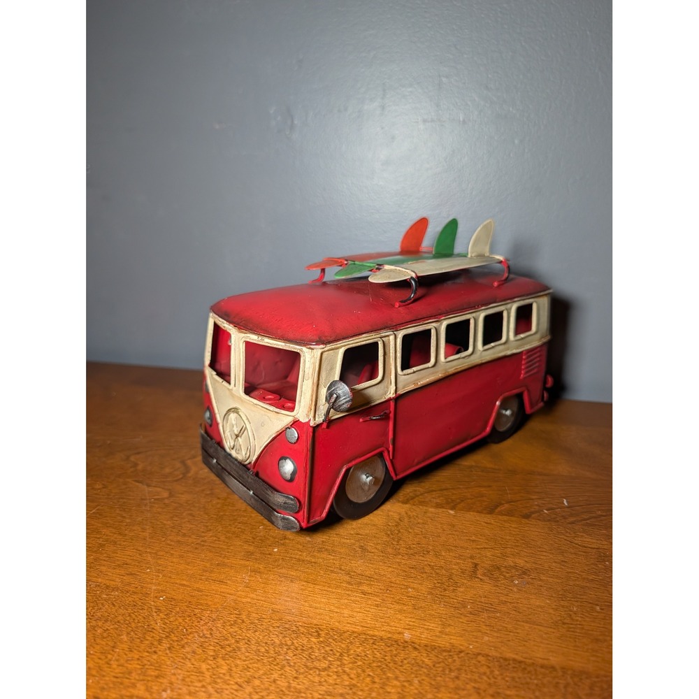 Vintage Metal Volkswagen Bus Model Red Surf Van with Surfboards Decorative Decor